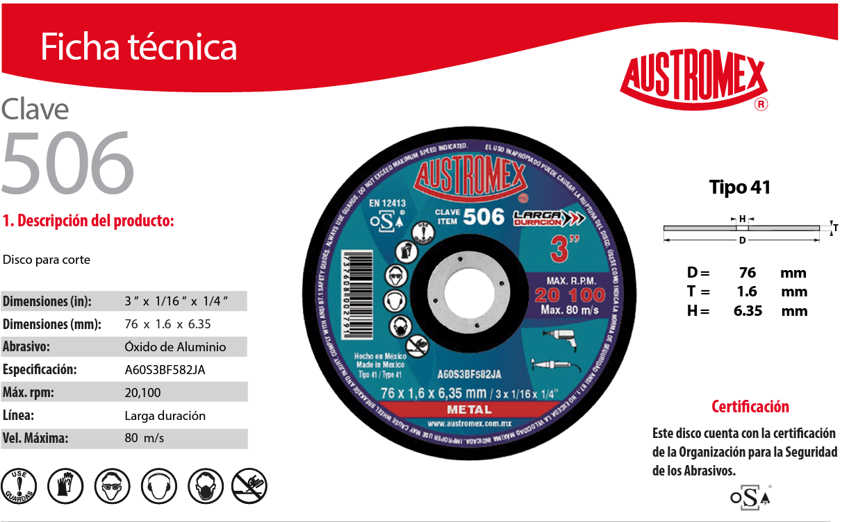 Austromex-506 Austromex 506 Disco para corte de metal de 3" x 1/16" x 1/4" AUSTROMEX