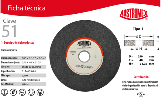 Austromex-51 Austromex 51 Rueda Abrasiva para esmerilar todo tipo de acero, hierro forjado de 10 x 1-1/2 x 1-1/4 AUSTROMEX
