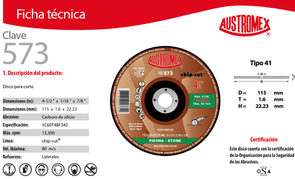 Austromex-573 Austromex 573 Disco para corte de piedra de 4-1/2 x 1/16 x 7/8 AUSTROMEX