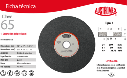 Austromex-65 Austromex Clave 65 Rueda Abrasiva para esmerilar todo tipo de acero, hierro forjado de 12" x 2" x 1-1/4" AUSTROMEX