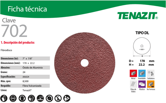 Austromex 702 Tenazit 702 Fibrodisco Óxido Aluminio Grano 24 de 7" x 7/8" Austromex AUSTROMEX