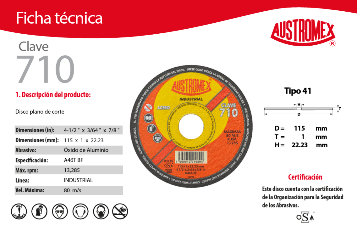 Austromex-710 Austromex 710 Disco para corte de acero al carbón de 4-1/2" x 3/64" x 7/8" AUSTROMEX
