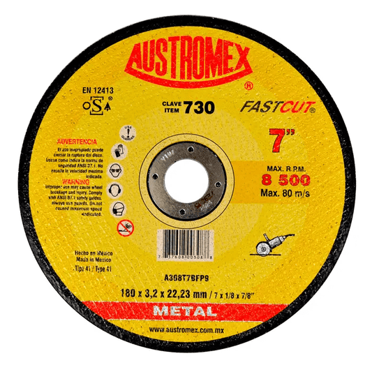 Austromex-730 Austromex 730, Disco abrasivo para corte de acero y fundición de 7" x 1/8" x 7/8" AUSTROMEX