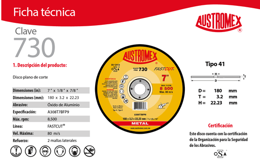 Austromex-730 Austromex 730, Disco abrasivo para corte de acero y fundición de 7" x 1/8" x 7/8" AUSTROMEX