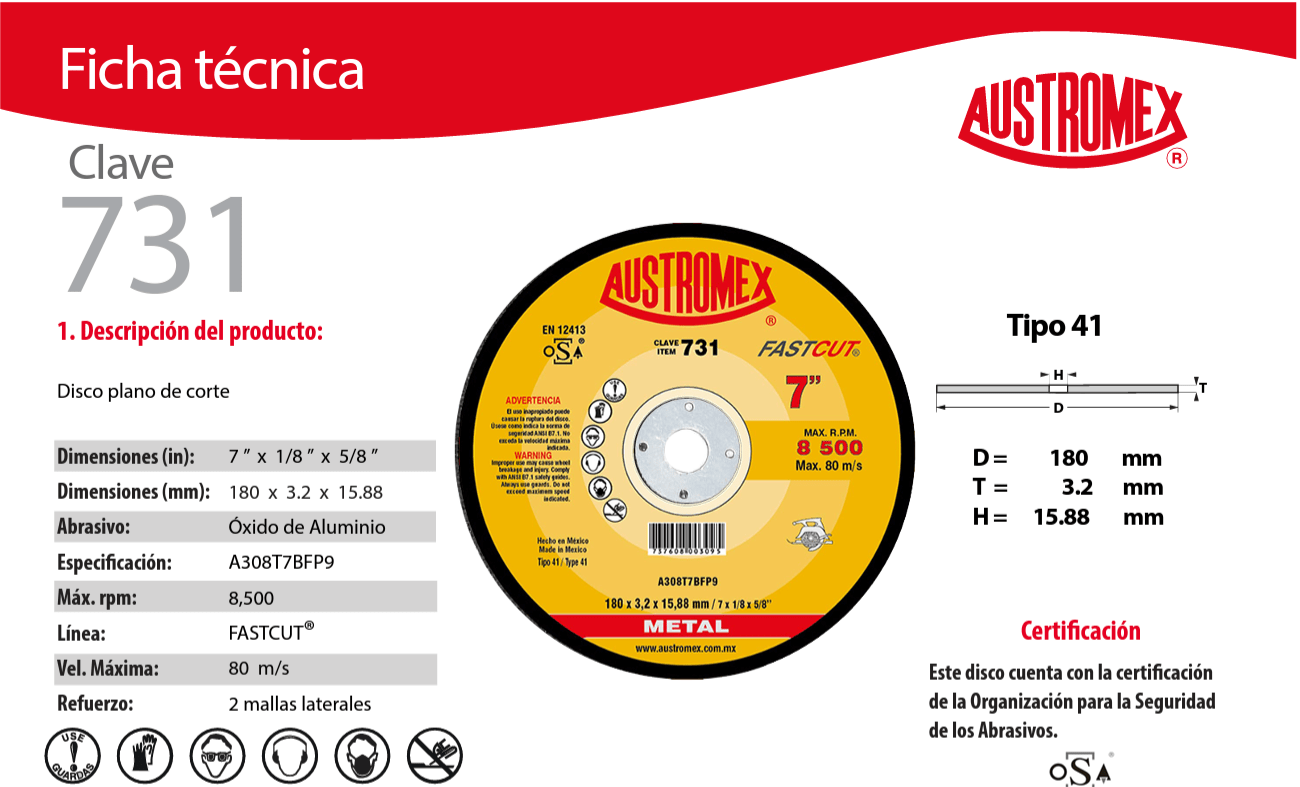 Austromex-731 Austromex 731 Disco abrasivo para corte de acero y fundición de 7" x 1/8" x 5/8" AUSTROMEX
