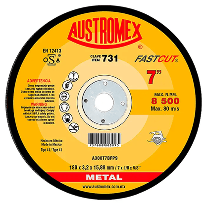 Austromex-731 Austromex 731 Disco abrasivo para corte de acero y fundición de 7" x 1/8" x 5/8" AUSTROMEX