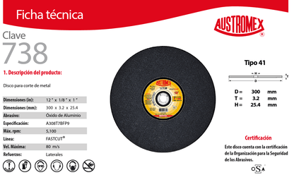Austromex-738 Austromex 738 Disco abrasivo para corte de acero y fundición 12" x 1/8" x 1" AUSTROMEX
