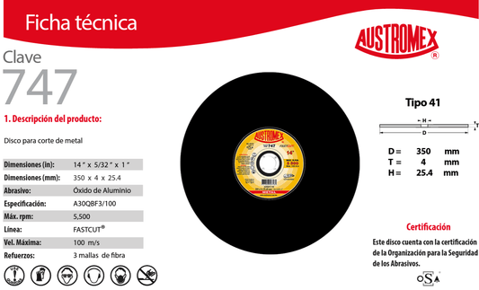 Austromex-747 Austromex 747 Disco para Corte de Acero de 14" x 5/32" x 1" AUSTROMEX