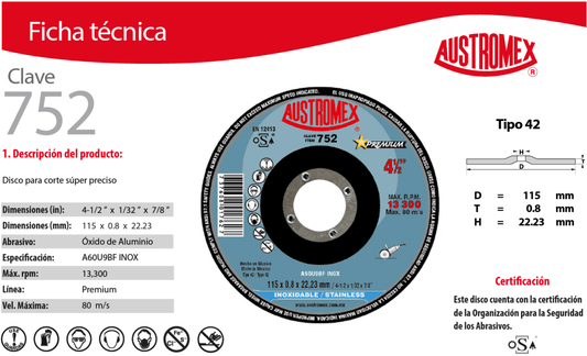 Austromex-752 Austromex 752 Disco para corte de acero inoxidable de 4-1/2" x 1/32" x 7/8" AUSTROMEX