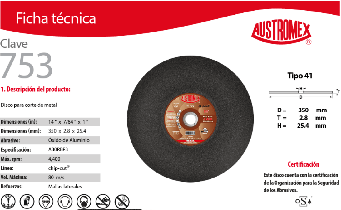 Austromex 753 Austromex 753 Disco para corte o ranurado de metal de 14" x 7/64" x 1" AUSTROMEX
