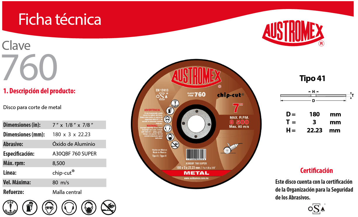 austromex-760 Austromex 760 Disco para Corte de Acero y Fundicion de 7" x 3/32" x 7/8" AUSTROMEX