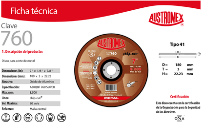 austromex-760 Austromex 760 Disco para Corte de Acero y Fundicion de 7" x 3/32" x 7/8" AUSTROMEX