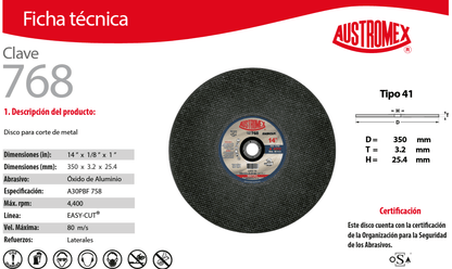 Austromex-768 Austromex 768 Disco para corte de metal de 14" x 1/8" x 1" AUSTROMEX