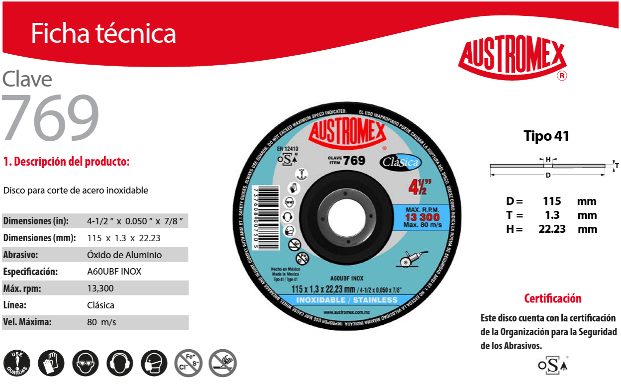 Austromex-769 Austromex 769 Disco para corte de Inoxidable de 4-1/2" x 0.04" x 7/8" Tipo 41 AUSTROMEX