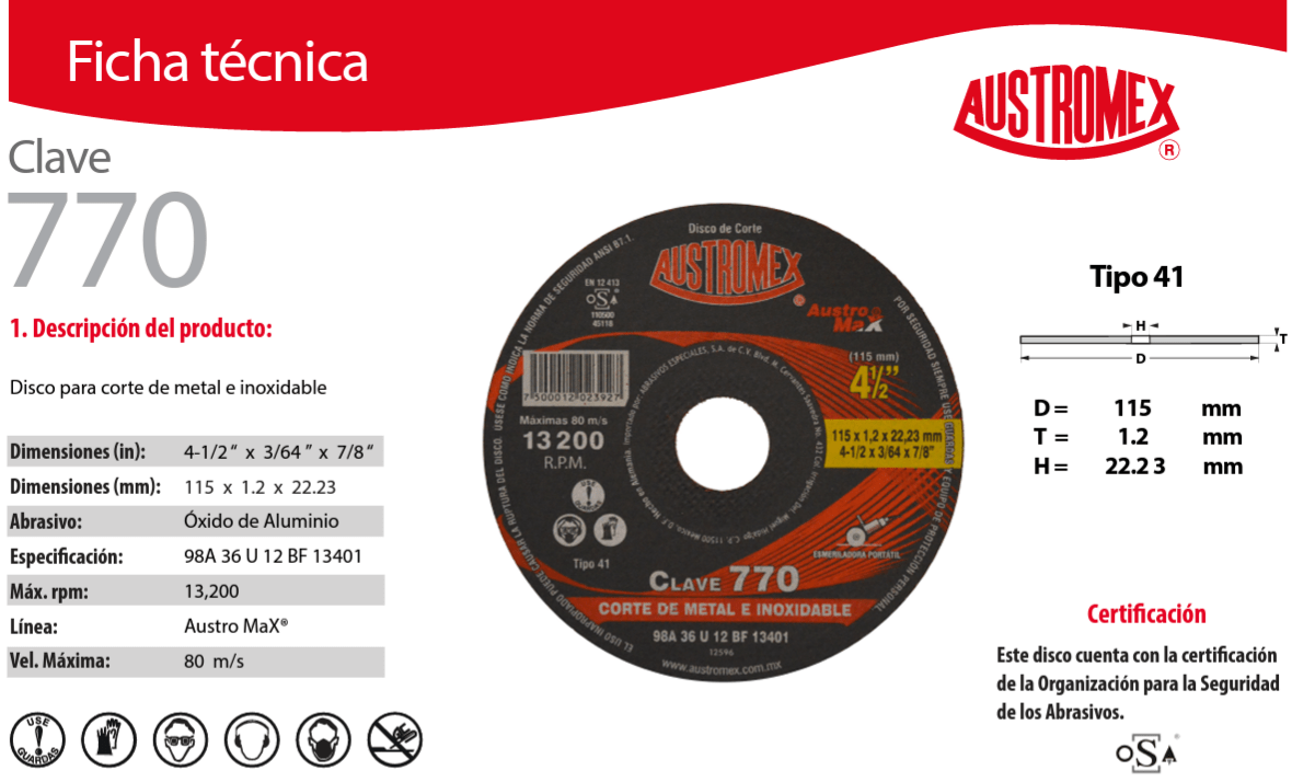 Austromex-770 Austromex 770 Disco de corte acero al carbon e inoxidable de 4-1/2" x 3/64" x 7/8" AUSTROMEX