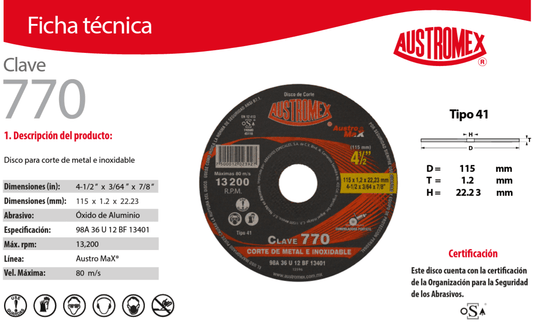 Austromex-770 Austromex 770 Disco de corte acero al carbon e inoxidable de 4-1/2" x 3/64" x 7/8" AUSTROMEX