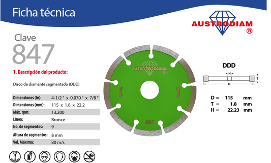 Austromex-847 Austrodiam 847 Disco de diamante de 4-1/2 x 0.070 x 7/8 Austromex AUSTROMEX