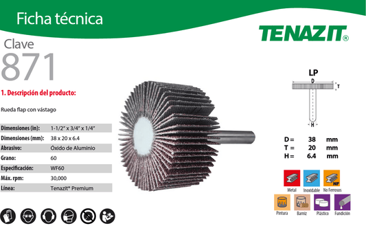 Austromex-871 Austromex 871 Rueda Flap para Inoxidable Grano 60 de 1-1/2" x 3/4" x 1/4" AUSTROMEX