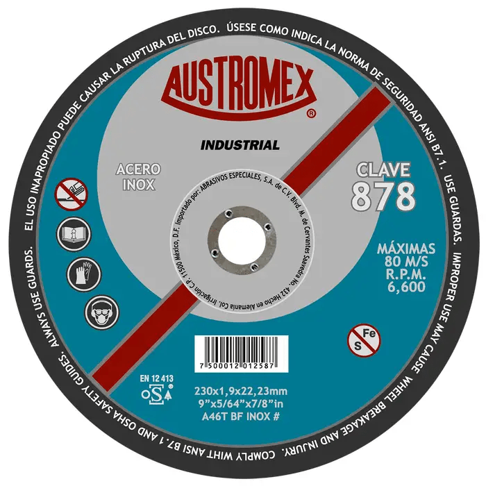 Austromex-878 Austromex 878 Disco para corte de acero inoxidable de 9" x 5/64" x 7/8" AUSTROMEX