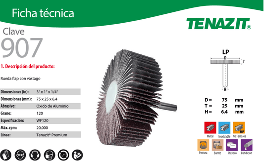 Austromex-907 Tenazit 907 Rueda Flap para Inoxidable Grano 120 de 3" x 1" x 1/4" Austromex AUSTROMEX