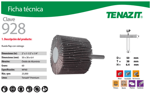 Austromex-928 Rueda flap con vástago de óxido de aluminio, grano 60 de 2 x 1-1/2 x 1/4, Clave 928, Tenazit Austromex AUSTROMEX