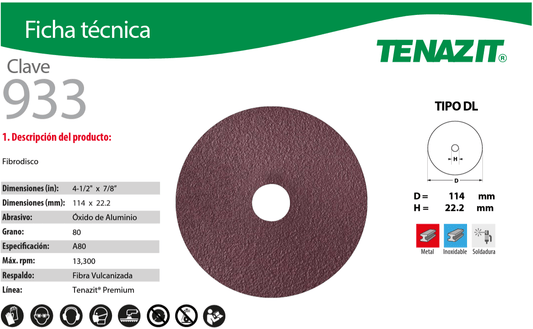 Austromex 933 Tenazit 933 Fibrodisco Óxido Aluminio Grano 80 de 4-1/2" x 7/8" Austromex AUSTROMEX