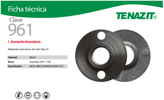 Austromex 961 Tenazit 961 Adaptador para el montaje de discos en esmeriladoras portátiles de 15.9-11 AUSTROMEX