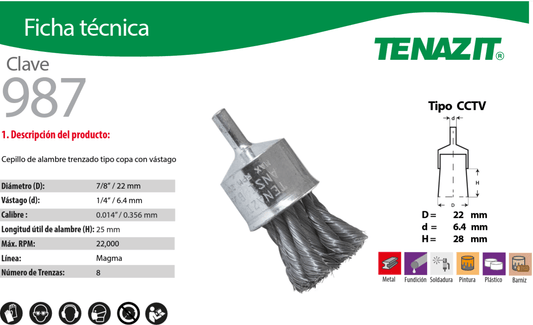 Austromex 987 Tenazit 987 Cepillo trenzado con vástago de 7/8" x 0.014" x 1/4" AUSTROMEX