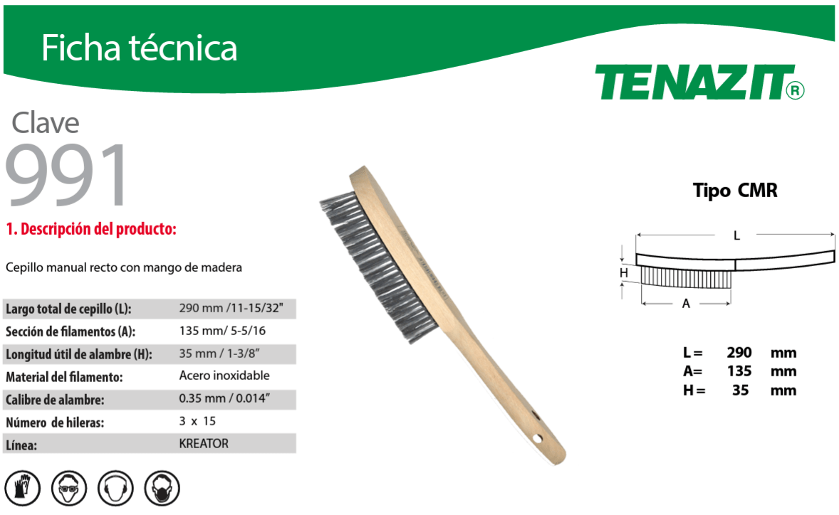 Austromex 991 Tenazit 991 Cepillo manual de Inoxidable de 11-15/32" x 1-3/8" Austromex AUSTROMEX