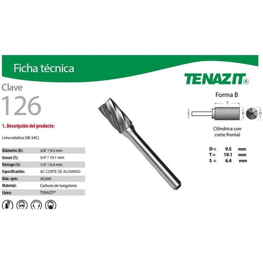 126 Tenazit 126 Lima Rotativa Cilíndrica Con Corte Frontal Sb-3 New MARINOS DEL GOLFO
