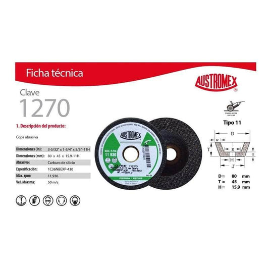 1270 Austromex 1270, Copa Para Desbaste De Piedra Grano 36 Medio MARINOS DEL GOLFO