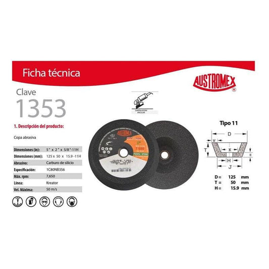 1353 Austromex 1353, Copa Para Desbaste De Piedra, Grano 80 Fino MARINOS DEL GOLFO