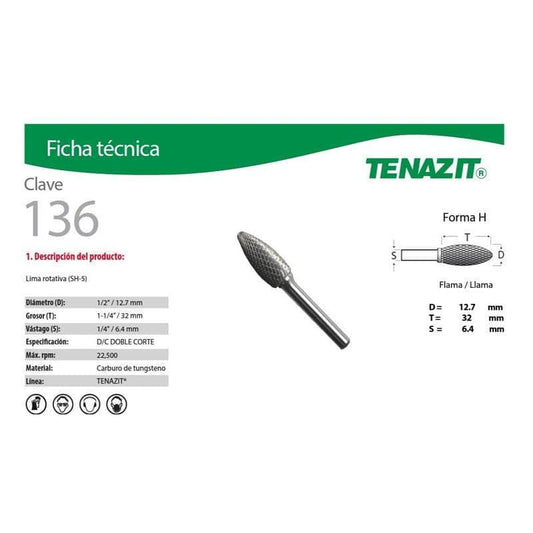 136 Tenazit 136 Lima Rotativa Flama/llama Sh-5 De 1/2 X 1-1/4 New MARINOS DEL GOLFO