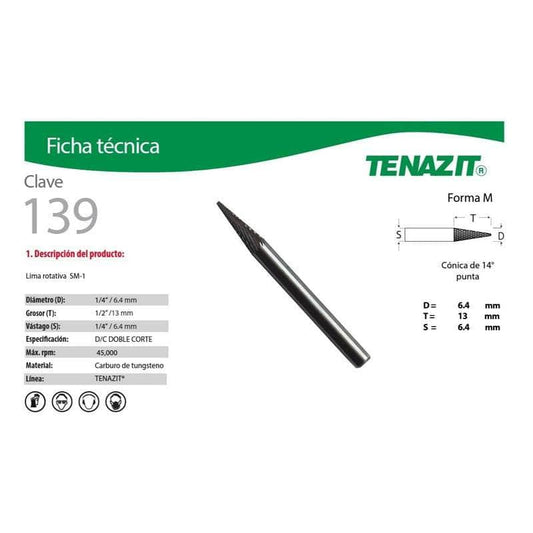 139 Tenazit 139 Lima Rotativa Cónica De 14º En Punta Sm-1 De 1/4 New MARINOS DEL GOLFO