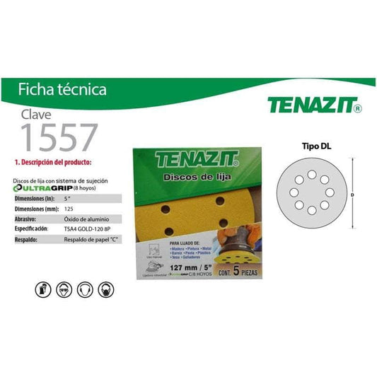 1557 Tenazit 1557, 5 Pzas Disco Lija Autoadherible Tsa4 De 5 PuLG New MARINOS DEL GOLFO