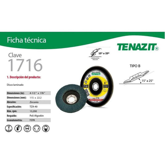 1716 Tenazit 1716, Disco Laminado Tenazit Grano 40, 4-1/2 X 7/8 New MARINOS DEL GOLFO