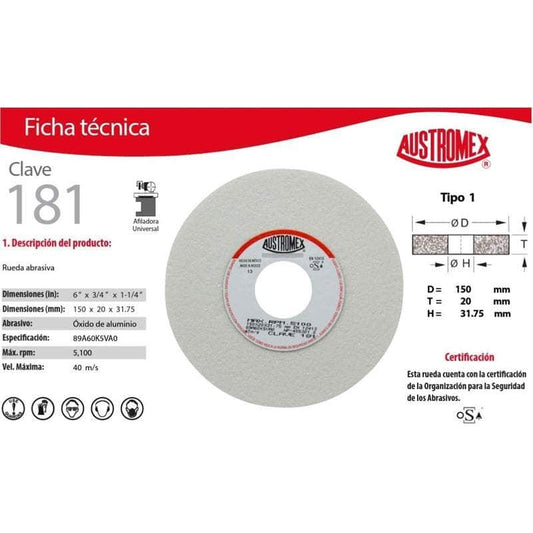 181 Austromex 181 Rueda Blanca Esmerilado De Acero De 6 PuLG MARINOS DEL GOLFO