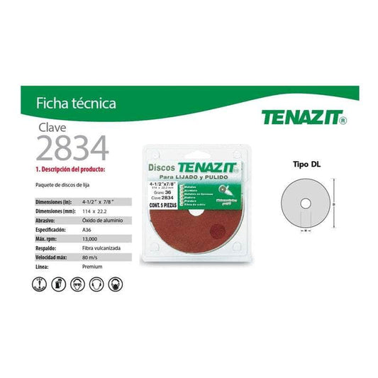 2834-PAQUETE 5 Tenazit 2834 Fibrodisco Óxido Aluminio Grano 36, 5 Piezas New MARINOS DEL GOLFO