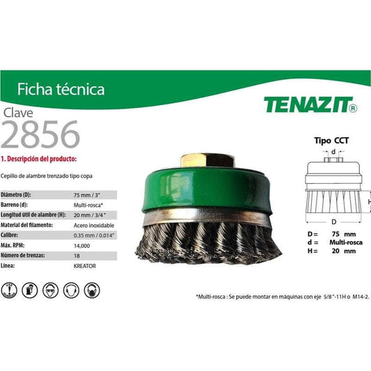 2856 Tenazit 2856 Cepillo Copa Alambre Inoxidable Trenzado 3 PuLG New MARINOS DEL GOLFO