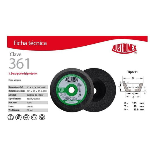 361 Austromex 361 Copa Grano 60 Desbaste Piedra 5 X 2 X 5/8 PuLG MARINOS DEL GOLFO