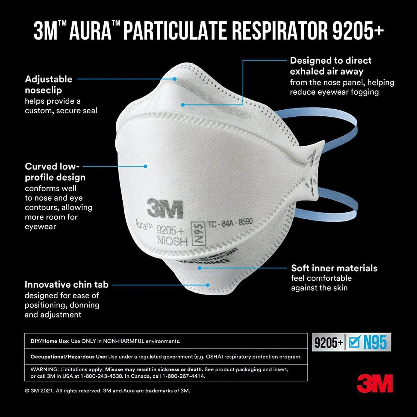 3M-9505+ (CAJA MASTER) 3M Aura 9205+ Respirador Plegable N95, Caja con 10 Piezas 3M