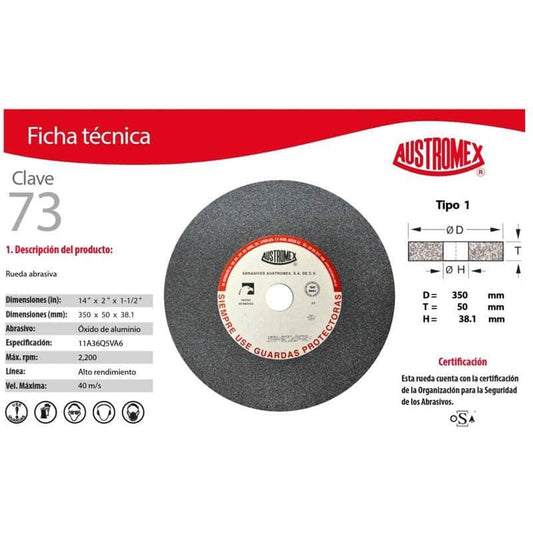 73 Austromex 73 Rueda Abrasiva Para Metal 14 X 2 X 1-1/2 PuLG MARINOS DEL GOLFO