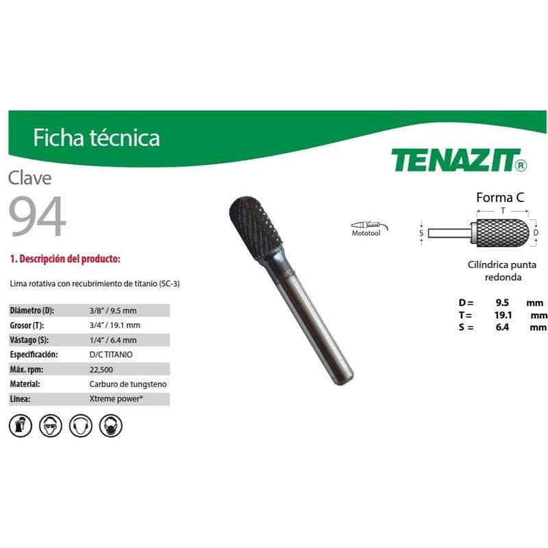 94 Tenazit 94 Lima Rotativa Xtreme-power Sc-3 De 3/8 X 3/4 PuLG New MARINOS DEL GOLFO
