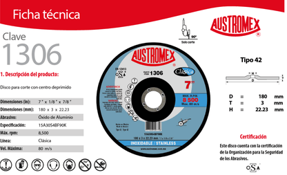 Austromex 1306, Disco corte acero inoxidable 7" x 1/8", Clasica AUSTROMEX