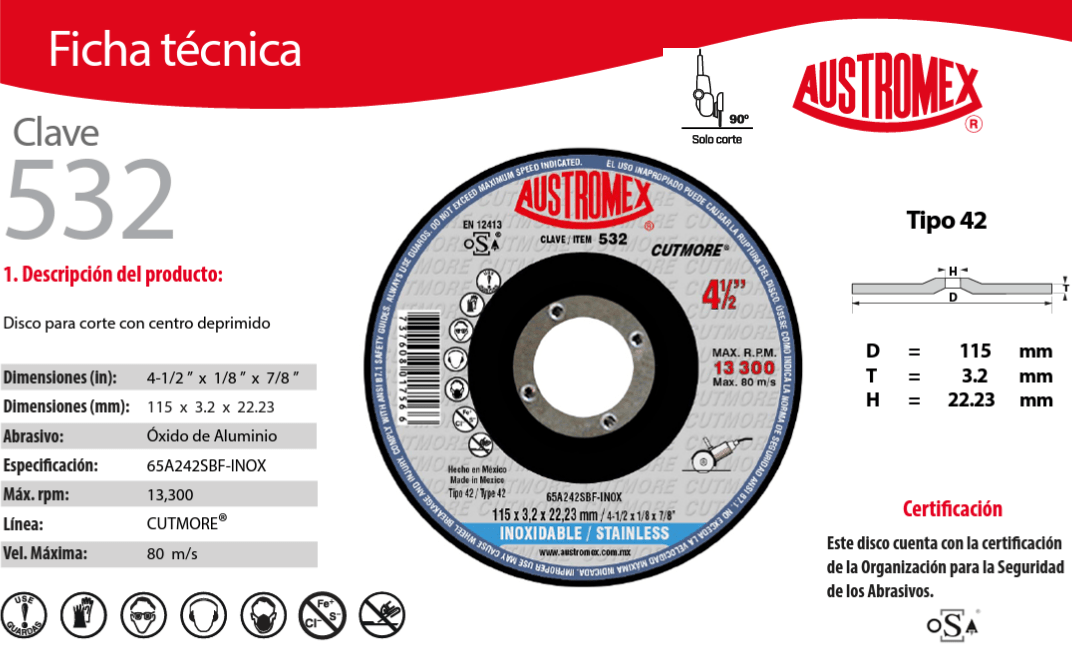 Austromex 532, Disco Corte Acero Inoxidable 4-1/2" x 1/8", Cutmore AUSTROMEX