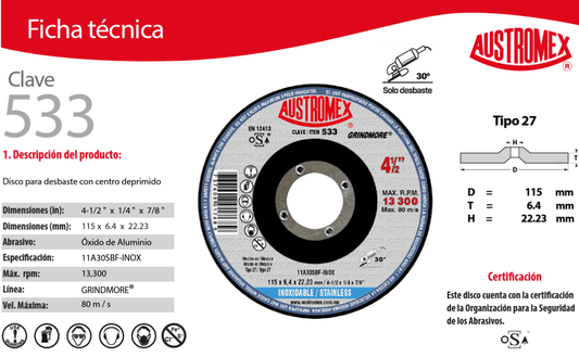 Austromex 533, Disco desbaste acero inoxidable 4-1/2" x 1/4" Grindmore AUSTROMEX