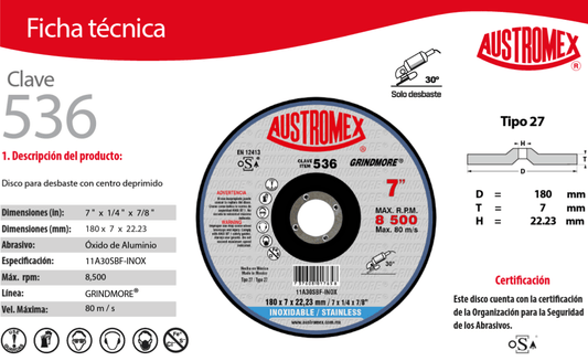 Austromex 536, Disco desbaste inoxidable de 7" x 1/4", HUM AUSTROMEX