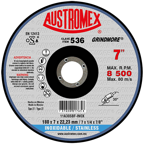 Austromex 536, Disco desbaste inoxidable de 7" x 1/4", HUM AUSTROMEX