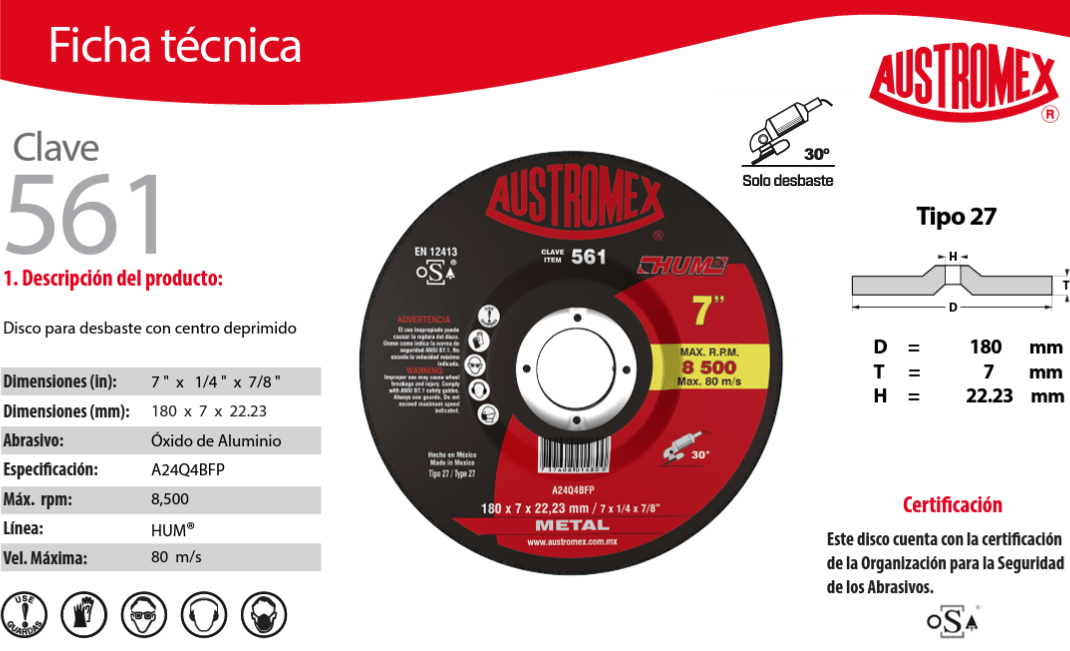 Austromex 561, Disco desbaste de 7" x1/4", HUM AUSTROMEX