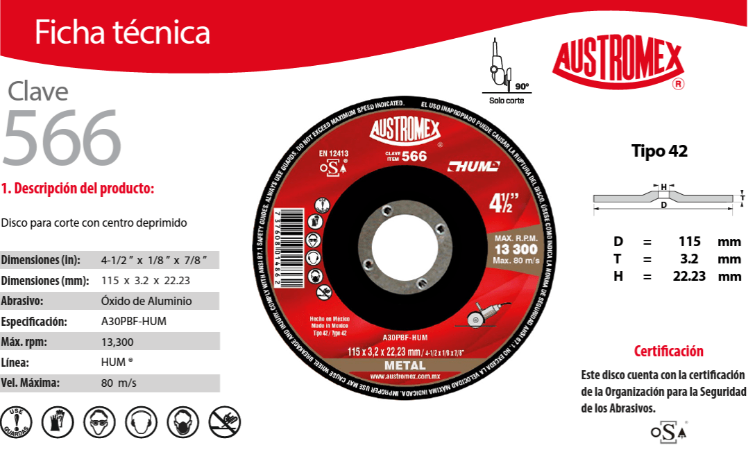 Austromex 566, Disco corte de 4-1/2" x 1/8", HUM AUSTROMEX